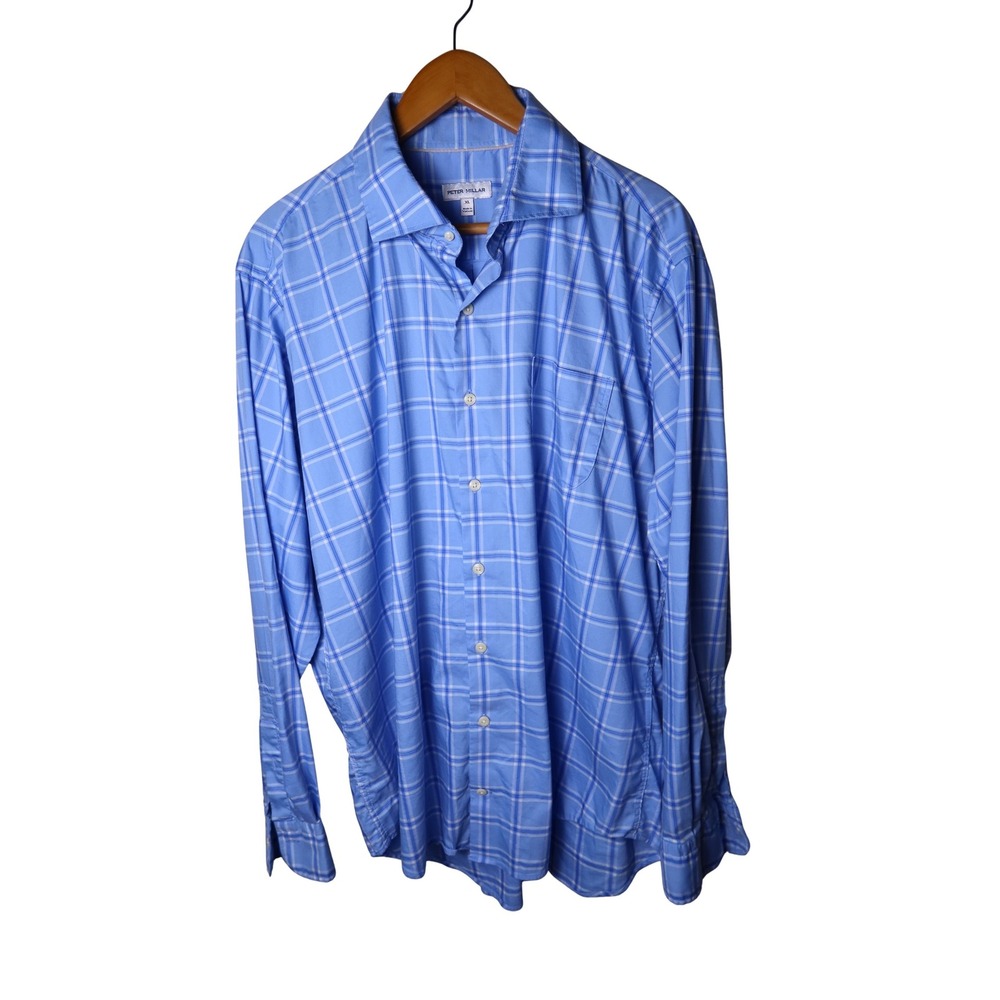 Peter Millar Crown Sport Blue Plaid Button Down Shirt Mens XL LS Stretch